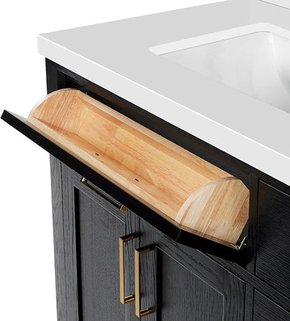 ARIEL Hepburn 66-inch Bathroom Vanity with Sink,Solid Wood, 1.5-inch Pure White Quartz Countertop, Double Rectangular Porcelain Sink, 4 Soft Closing Doors, 6 Dovetail Drawers, Black Oak