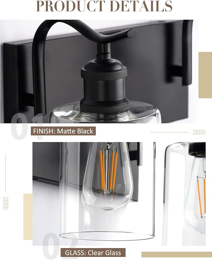 2-Light 14 Inch Bathroom Vanity Light,Clear Glass,Black | Over Mirror Wall Light,E26 sockets,for bathroom mirror,powder room,dressing area,wall-mounted vanity lighting