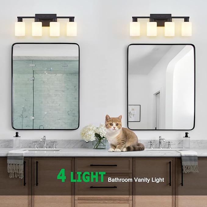 Black Bathroom Light Fixtures 4 Light Bathroom Vanity Light Matte Black Vanity Lights with Eye-Friendly Milky White Frosted Glass Shades E26 Socket (Bulbs Not Included)