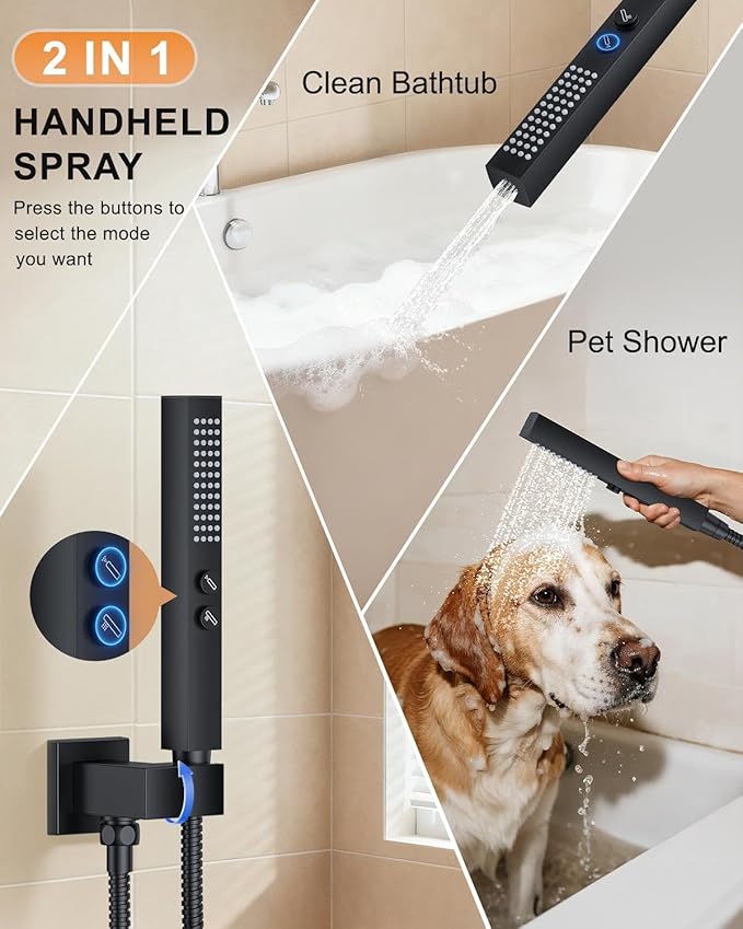 Shower System with Tub Spout, Wall Mounted Bathtub Shower Faucet Set, 12" Rainfall Shower Head and Handheld Shower Combo, High Pressure Shower Fixtures Set with Rough-in Valve, Matte Black
