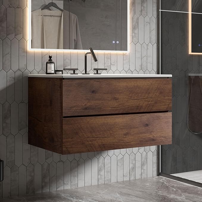 36" Bathroom Vanity with Sink, Modern Floating Vanity with Double Soft Closing Drawers, Large Storage for Small Space, Walnut, Fully Assembled - Iris Collection