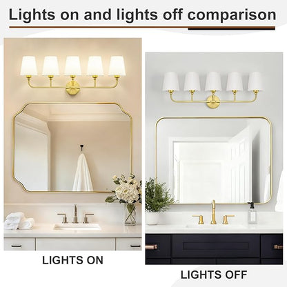 Bathroom Vanity Light, Brushed Gold Bathroom Light Fixtures, 5-Light Lighting Fixtures Over Mirror, Modern Wall Sconce with Flared White Fabric Shade, E26 Socket(ETL Listed)