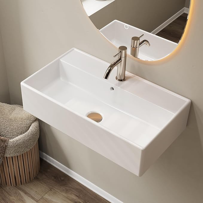 22" x 12" Wall Mount Bathroom Sink Rectangule Floating Sink Porcelain Ceramic White Bathroom Vessel Sink