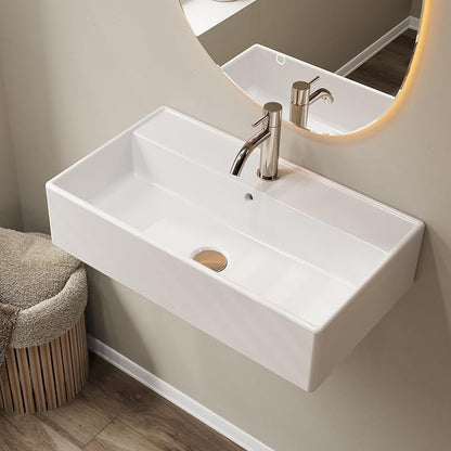 22" x 12" Wall Mount Bathroom Sink Rectangule Floating Sink Porcelain Ceramic White Bathroom Vessel Sink