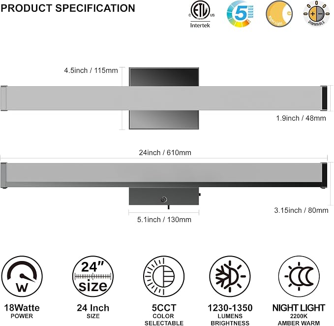 24 Inch Bathroom Vanity Light Fixtures with Night Light: Long Square Wall Mounted LED Lighting Bar Over Mirror with 5CCT & 2200K Color Changing, 120V, 1230-1350lm, ETL, Chrome, 1 Pack