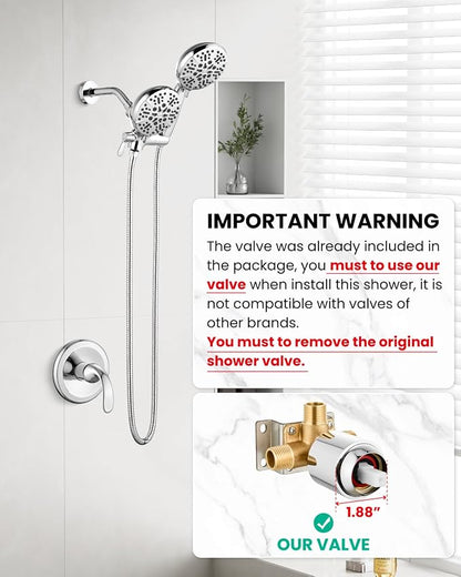 gotonovo Dual Shower Head with Valve 6 Mode Handheld Spray Polished Chrome | 6 Mode ABS Rain Head with Handheld Spray,2 in 1 Bathroom Trim Kit,Shower Head and Handle Set,Brass Rough-in Valve,Wall Mount