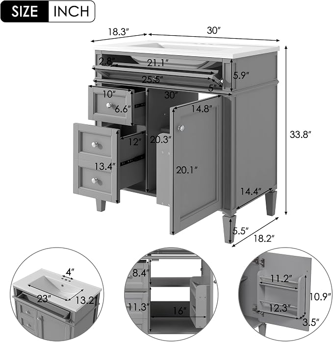 Merax 30 Inch Bathroom Vanity with Sink Set, Modern Bathroom Vanity Storage Cabinet with Matching Mirror Medicine Cabinet, Solid Wood Frame，Painted Finish, 2 Drawers and 1 Tip-Out Drawer, Grey