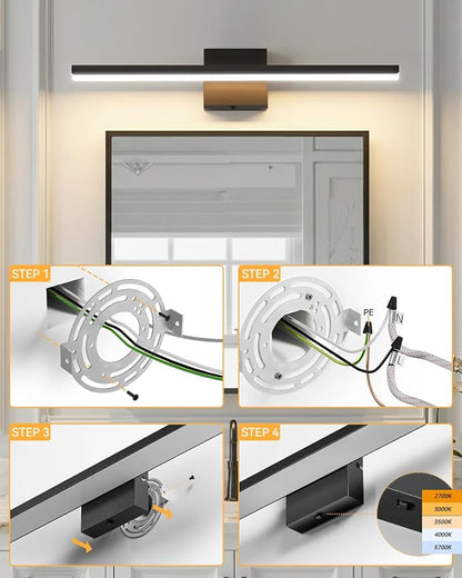 Modern LED Bathroom Light Fixtures,24inch (24.02'') 24W,2300 Lumen Dimmable Bathroom Vanity Lights Over Mirror,5CCT Black Vanity Lights for Bathroom Powder Room Washroom Restroom, ETL Certified
