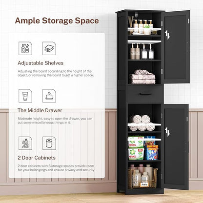 WEENFON Tall Bathroom Cabinet, Storage Cabinet with 6 Shelves & Drawer, Bathroom Storage Cabinet with Adjustable Shelves, Tall Cabinet for Living Room, Home Office, Black