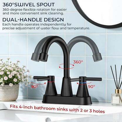 Matte Black Bathroom Sink Faucet, 2-Handle 4-inch Centerset Faucet | Lead-free stainless steel, pop-up drain included, Detachable faucet aerator, 360°swivel spout, for vanity sink 3-hole mount