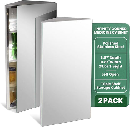 Renovators Supply Infinity Corner Medicine Cabinet with Mirror - Triple Shelf Storage Cabinet - Modern Wall Mount Medicine Cabinet - 23.6 in., Left Open, Polished Stainless Steel, Pack of 2