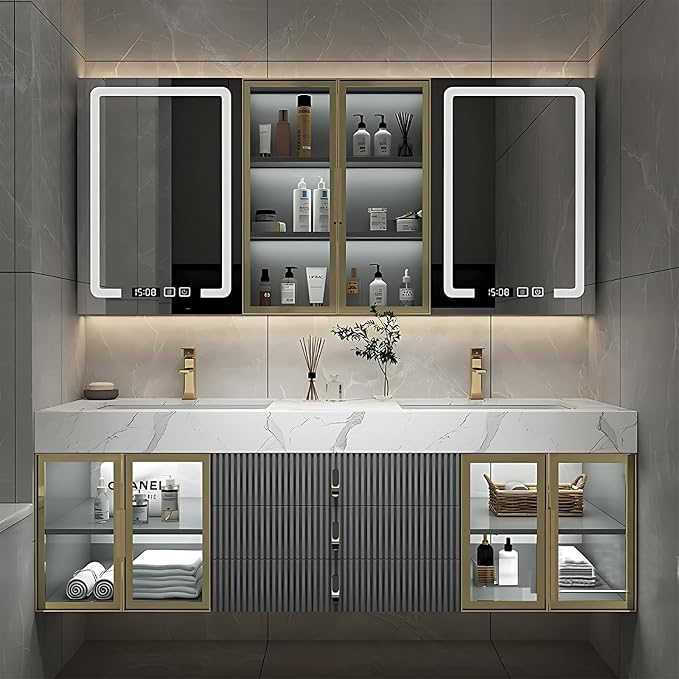 Double Bathroom Vanities with Sink, Floating Bathroom Vanity with LED Smart Defogging Mirror and Storage Cabinet, Modern Bathroom Sink Cabinet with One-Piece Sink and Countertop (Grey, 68")