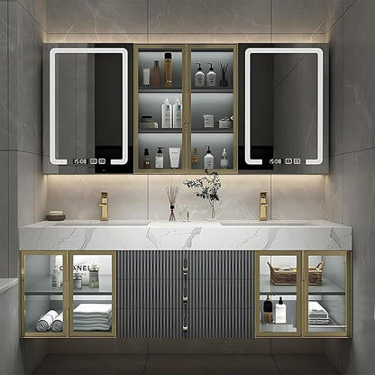 Double Bathroom Vanities with Sink, Floating Bathroom Vanity with LED Smart Defogging Mirror and Storage Cabinet, Modern Bathroom Sink Cabinet with One-Piece Sink and Countertop (Grey, 68")