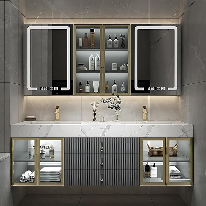 Double Bathroom Vanities with Sink, Floating Bathroom Vanity with LED Smart Defogging Mirror and Storage Cabinet, Modern Bathroom Sink Cabinet with One-Piece Sink and Countertop (Grey, 52")