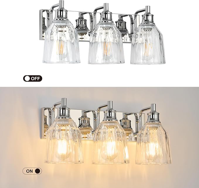 3 Light Bathroom Light Fixtures Modern Chrome Vanity Lights for Bathroom Lighting Fixtures Over Mirror with Thickened Glass Shade for Cabinet Mirror Bedroom Hallway