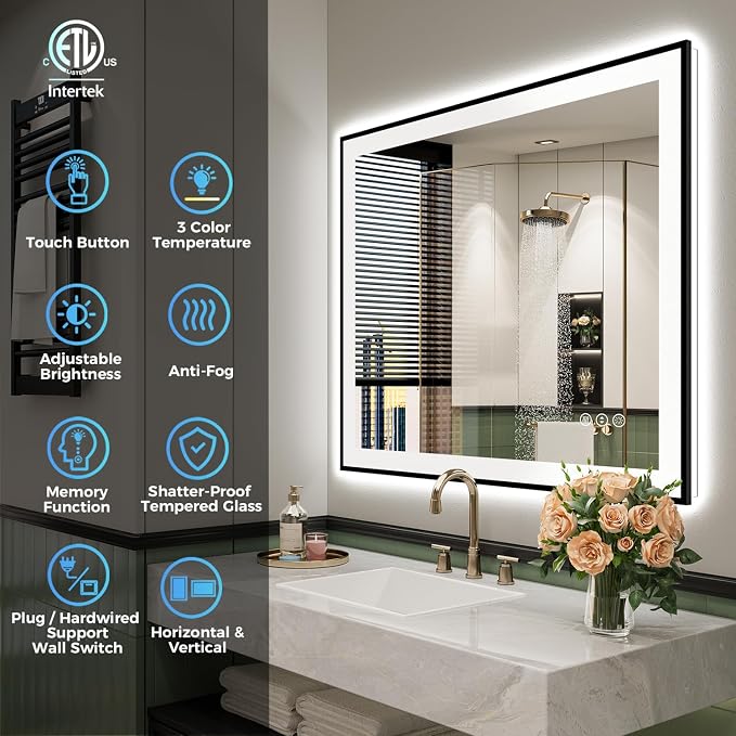 24x30 LED Bathroom Mirror with Lights, Black Framed Lighted Mirror | Backlit and Front Light, Anti-Fog, 3 Color Dimmable, Memory, Tempered Glass, IP54 Waterproof, UL Listed