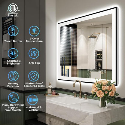 24x30 LED Bathroom Mirror with Lights, Black Framed Lighted Mirror | Backlit and Front Light, Anti-Fog, 3 Color Dimmable, Memory, Tempered Glass, IP54 Waterproof, UL Listed