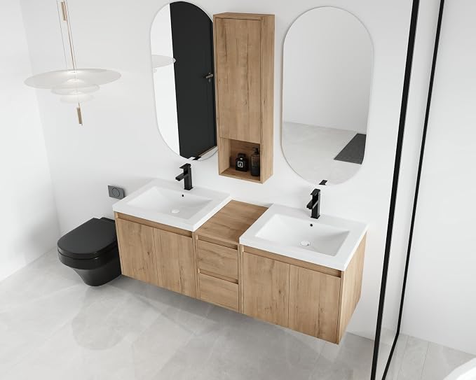 60'' Floating Bathroom Vanity with Double Sink, and 1 Side Cabinet, Brown | Double Sink Combo with 12" Side Cabinet, Plywood Cabinet, Resin Basin, Ample Storage, Soft-close Hinge, Assembly Required