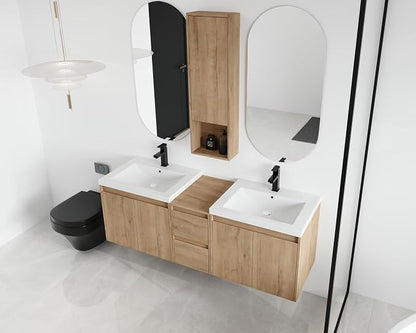 60'' Floating Bathroom Vanity with Double Sink, and 1 Side Cabinet, Brown | Double Sink Combo with 12" Side Cabinet, Plywood Cabinet, Resin Basin, Ample Storage, Soft-close Hinge, Assembly Required