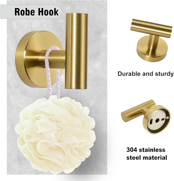 5 Piece Modern Style Wall Mounted Bathroom Hardware Set | #304 Stainless Steel, 24" Towel Bar Mount, Towel Rings, L Shape Toilet Paper Holder, Bathrobe Hook (Brushed Gold)
