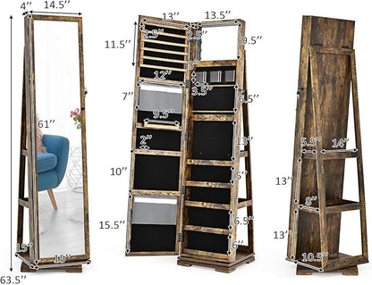 CHARMAID 360° Swivel Jewelry Armoire with Higher Full Length Mirror, Standing Lockable Jewelry Cabinet Organizer, Large Storage Capacity, Inside Makeup Mirror, Back Storage Shelves (Rustic Brown)