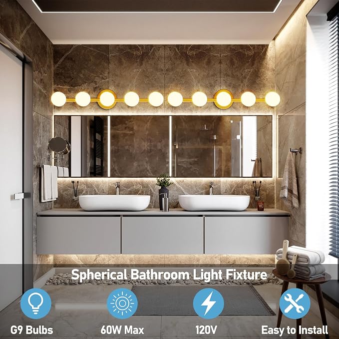 Lightdot 5 Light Bathroom Vanity Light, 31" Modern Gold Vanity Lights with Globe Water/Shatterproof PC Lampshade, Rust-Proof Bathroom Light Fixtures Over Mirror for Kitchen Hallway Cabinet Porch