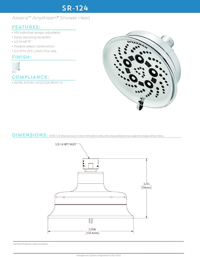 Speakman SR-124 Assana Anystream Multi-Function Shower Head, Polished Chrome