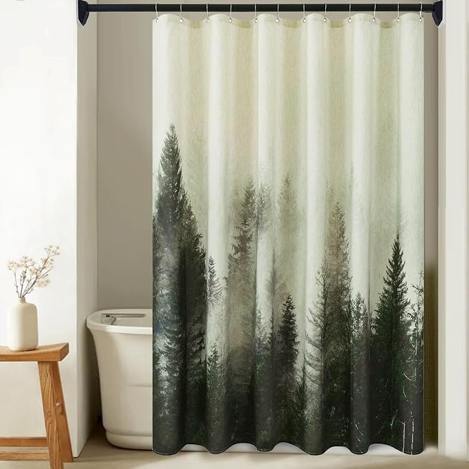 ORTIGIA Green Misty Forest Linen Shower Curtain Nature Mountain Tree Woodland Shower Curtain Set for Bathroom Heavy Blend Fabric Curtains with 12 Metal Hooks 72x72 Inch