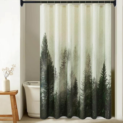 ORTIGIA Green Misty Forest Linen Shower Curtain Nature Mountain Tree Woodland Shower Curtain Set for Bathroom Heavy Blend Fabric Curtains with 12 Metal Hooks 72x72 Inch