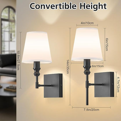 Vintage Bathroom Wall Sconce,Hardwired Bedside Wall Sconces Set of 2,Black Bathroom Light Fixture with White Fabric Shade for Bedroom Living Room Hallway Farmhouse,Convertible Height,E12 Base