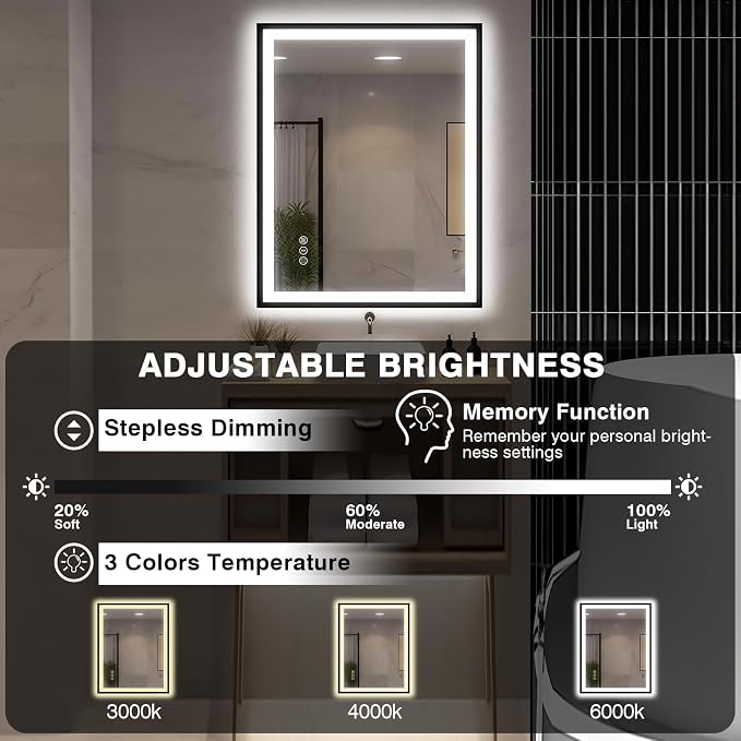 EchosLife 30x36 LED Bathroom Mirror with Lights - Black Framed | Black Frame, Front and Backlit, Anti-Fog, Stepless Dimmable, 3 Colors, Memory, Tempered Glass, UL Listed, Horizontal/Vertical