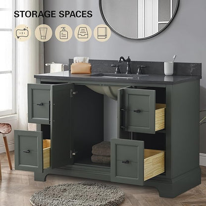 HOMEBEYOND 48 Inch Bathroom Vanity with Single Sink & Ceramic Top, Vanity Cabinet with Center Countertop Basin, Soft-Closing Doors, Backsplash, Vintage Green