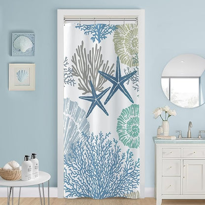 Small Stall Shower Curtain 36 x 72 Inch, Half Narrow Dorm Nautical Coastal Shower Curtain, Summer Tropical Seashell Starfish Coral Beach Ocean Themed Shower Curtains for Bathroom, Blue