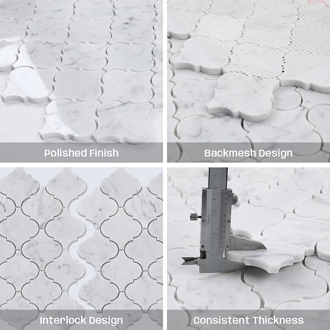 3 Inch Arabesque Carrara White Marble Mosaic Tile for Wall Floor, 5 Sheets | Water & Heat Resistant Polished Marble Backsplash Tiles for Kitchen Bathroom Fireplace Surround Durable Unique Veins 3.9SQFT