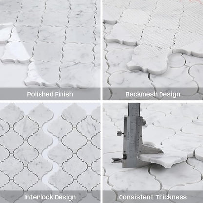 3 Inch Arabesque Carrara White Marble Mosaic Tile for Wall Floor, 5 Sheets | Water & Heat Resistant Polished Marble Backsplash Tiles for Kitchen Bathroom Fireplace Surround Durable Unique Veins 3.9SQFT