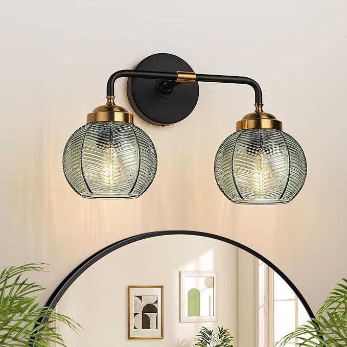 Bathroom Light Fixtures, 2-Light Green Vanity Lights with Unique Leaf Texture Glass Shade, Modern Matte Black and Gold Bathroom Wall Lamp for Mirror Hallway Cabinet Living Room