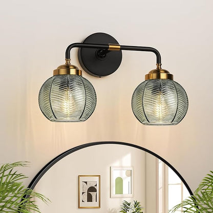 Bathroom Light Fixtures, 2-Light Green Vanity Lights with Unique Leaf Texture Glass Shade, Modern Matte Black and Gold Bathroom Wall Lamp for Mirror Hallway Cabinet Living Room