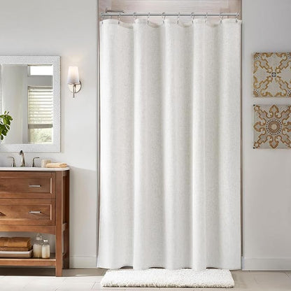 60 Inch Shower Curtain - Stall Narrow Half Linen Ultra Thick Fabric Shower Curtain Set with Hooks, Boho Farmhouse Rustic RV Camper Bath Curtains for Bathroom, Beige White, 60x72