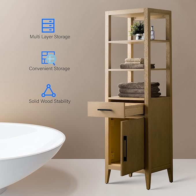 HomeBeyond 21 Inch Bathroom Vanity Cabinet with Shelves, Soft-Closing Doors, Natural Oak