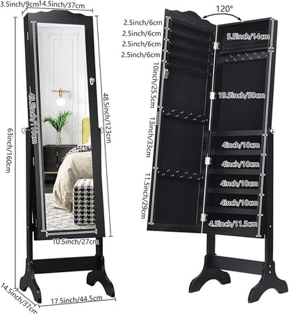 NAFORT Jewelry Armoire, Mirror with Jewelry Storage, Jewelry Organizer, Standing Lockable Jewelry Cabinet with Full Length Mirror, Jewelry Organizer with 2 Drawers, Black