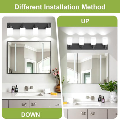 Bathroom Light Fixtures, Matte Black Bathroom Lighting Fixtures Over Mirror, Modern Vanity Light with White Glass Shade, Restroom Lighting Fixtures, 4-Light 30-inch