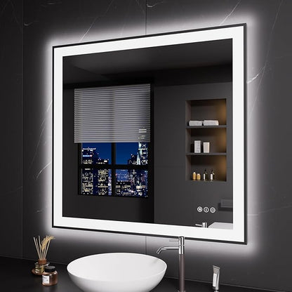 LOAAO 40"X38" LED Bathroom Mirror Black Framed | Anti-Fog, Dimmable, Memory Function, Tempered Glass, Lighted Vanity Mirror for Wall