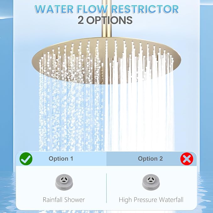 16 inch Brushed Gold Round Rain Shower Head, All Metal Stainless Steel 304, Ultra Thin Design, Full Body Rainfall Shower with 230 Silicone Nozzles