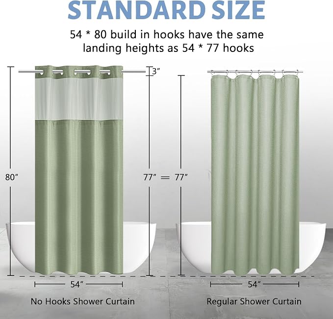 Furlinic Stall Shower Curtain No Hook with Snap in Liner,Waffle Weave Waterproof Bathroom Curtains with See Through Top Window & Weighted Magnets,Sage Green,54x80 Inch