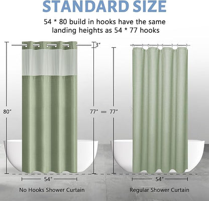 Furlinic Stall Shower Curtain No Hook with Snap in Liner,Waffle Weave Waterproof Bathroom Curtains with See Through Top Window & Weighted Magnets,Sage Green,54x80 Inch