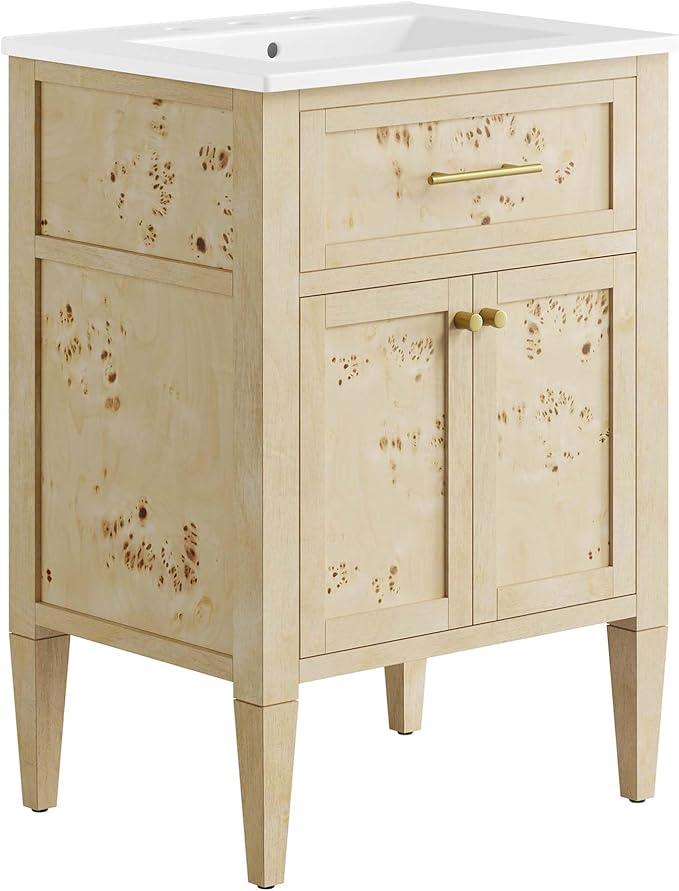 Modway Elysian 24" Wood Bathroom Vanity in White Burl with Ceramic Sink Basin