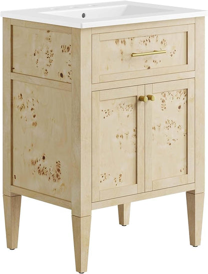 Modway Elysian 24" Wood Bathroom Vanity in White Burl with Ceramic Sink Basin