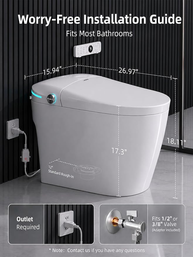 Smart Toilet with Bidet Built In, One-Piece Electric Tank Toilet with Foam Shield, Auto Open & Close Lid, Dual Flush 1.28 GPF, Heated Seat, Remote Control, Warm Air Dryer & Temp Display