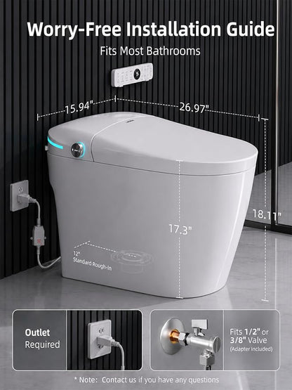 Smart Toilet with Bidet Built In, One-Piece Electric Tank Toilet with Foam Shield, Auto Open & Close Lid, Dual Flush 1.28 GPF, Heated Seat, Remote Control, Warm Air Dryer & Temp Display