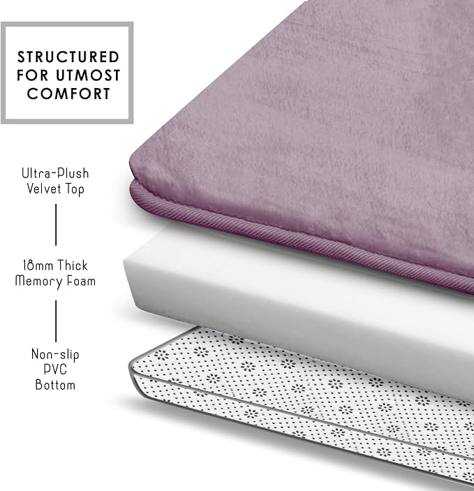 Clara Clark Bathroom Rugs, Velvet Memory Foam Bath Mat, Non-Slip Bath Rugs, Machine Wash, Dries Quickly, Ultra Soft Plush Bath Mats for Bathroom, 17 x 24, Dusty Purple